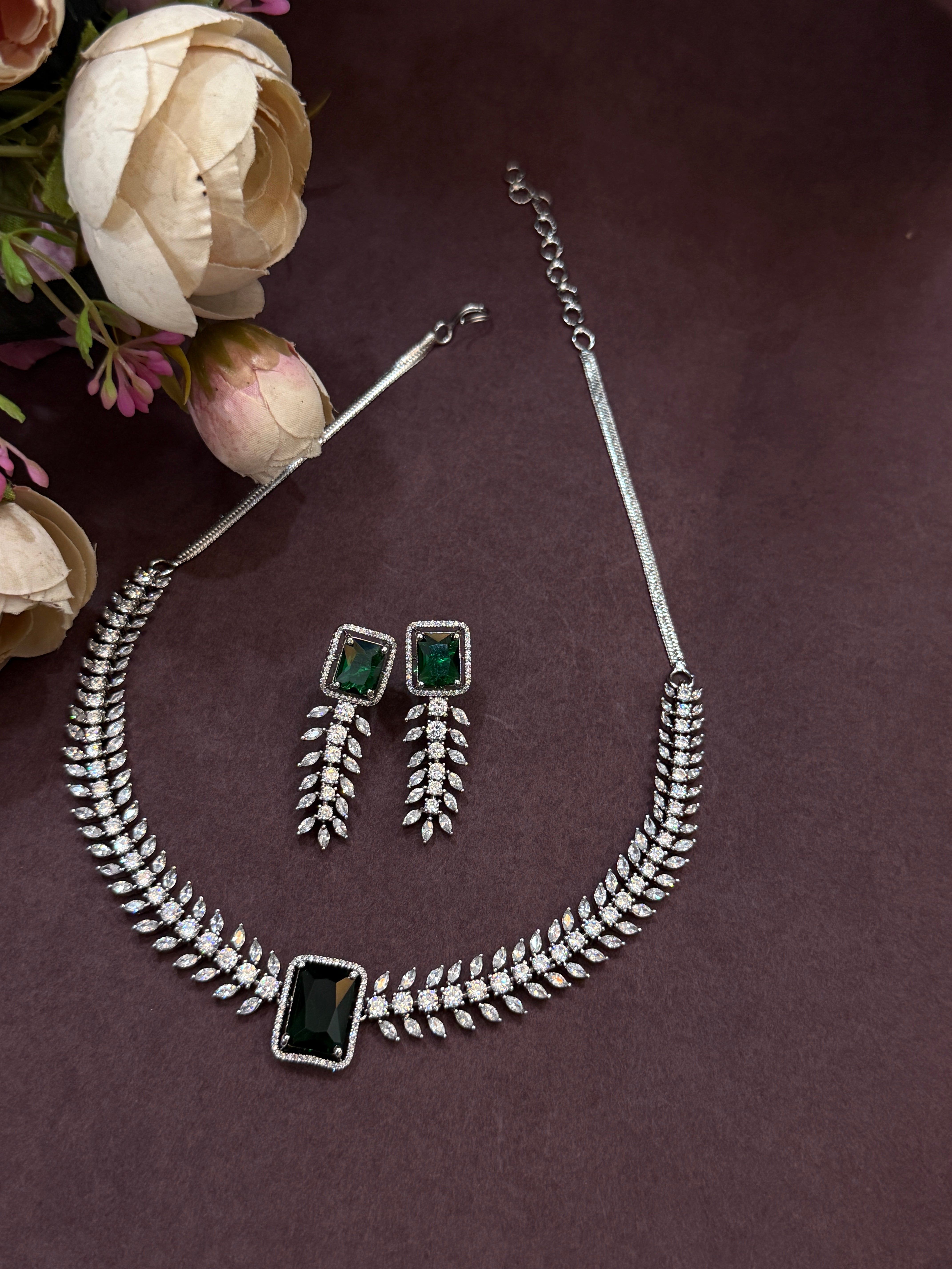 Luxury Emerald Green CZ Stone Necklace & Earring Set